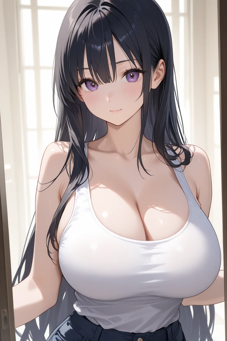 a mature woman in a sophisticated white dress, smiling, with big breasts, at the sea