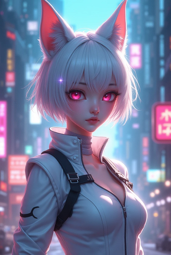 detailed textures, high quality, high resolution, high precision, realism, color correction, correct lighting settings, harmonious composition. Stunning anime girl with an intricate tattoo on her neck., radiating elegance and beauty.,in the style of neon realism, indigo and light black, Gothic modern, anime cat style character design, dark white and indigo, bold but elegant, cyberpunk manga, cat girl, detailed costumes --AR 3:4