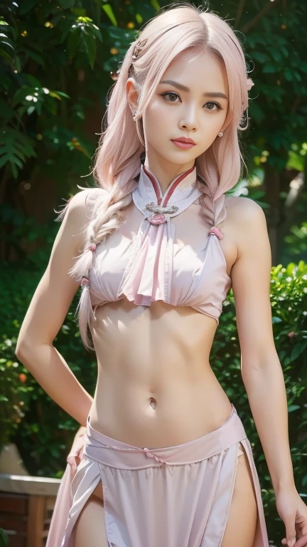 full body, ((A korean young girl)), 18yo, 18 years old korean young girl is in a field, elven asian girl, fantasy field, small breast, petite figure, pink hair, light elven armor, ((midriff exposed)), small tits, ((thin-waist)), a small face