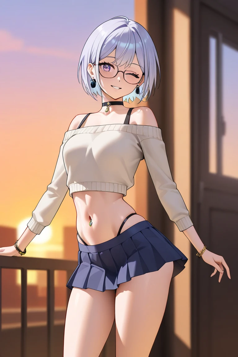 (Dark_fantasy:0.7), incredibly absurdres, siraha, 8k wallpaper, best quality, perfect lighting, shiny skin, top-down bottom-up, cowboy shot, looking at viewer, (mature female character, 1girl, medium breasts, white hair, Godiva Hair, quin tails, hair flower), light pink eyes, (glasgow smile:1.4), wearing fantasy style denim shorts, bikini top, thong , vest , bandeau with earclip and necktie on head, classroom, finely detailed background, amazing background