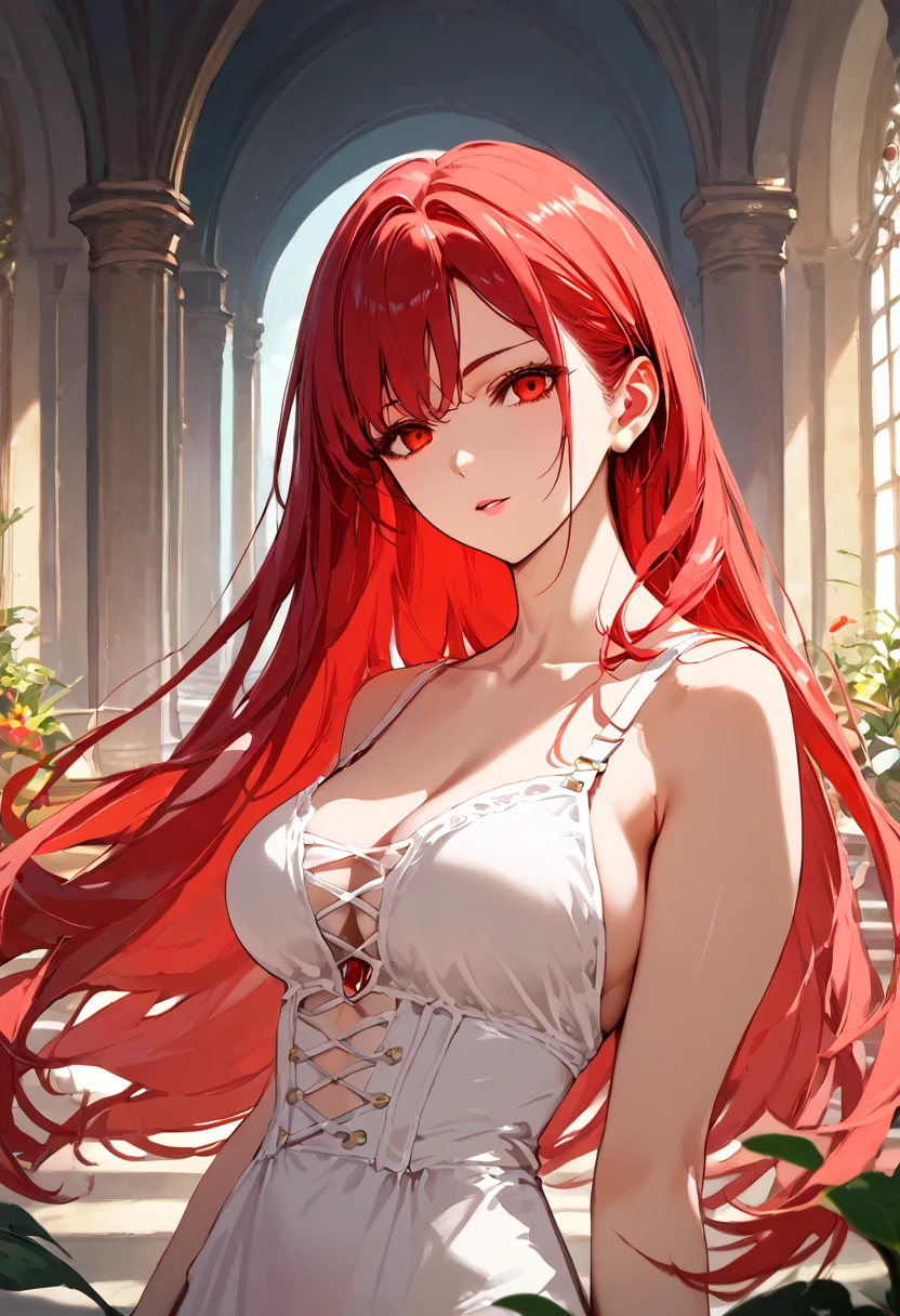 young girl, Long red hair, blue eyes, Huge-breasts, White princess dress, open breasts, Smile, Masterpiece, hiquality