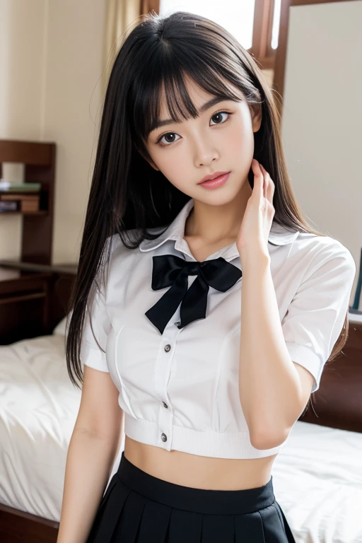 parfect anatomy,of the highest quality, masutepiece, 1 girl, Beautiful face, (photorealistic photos:1.3), Rim lighting, (High Detail Skin:1.2), 8K UHD, Digital SLR, High quality, High Definition, 4K, 8K, Bokeh, a small face, Cute One Girl, Black formal blazer, middlebreasts, Short skirt,s Office