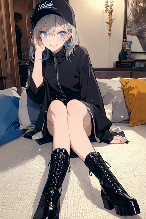 8K、Masterpiece、I can see her panties、M-shaped leg-shaped leg-shaped legs、Crouching、、I can see her panties、Blushing、Feeling embarrassed、short hair、Blushing、、On the sofa、living