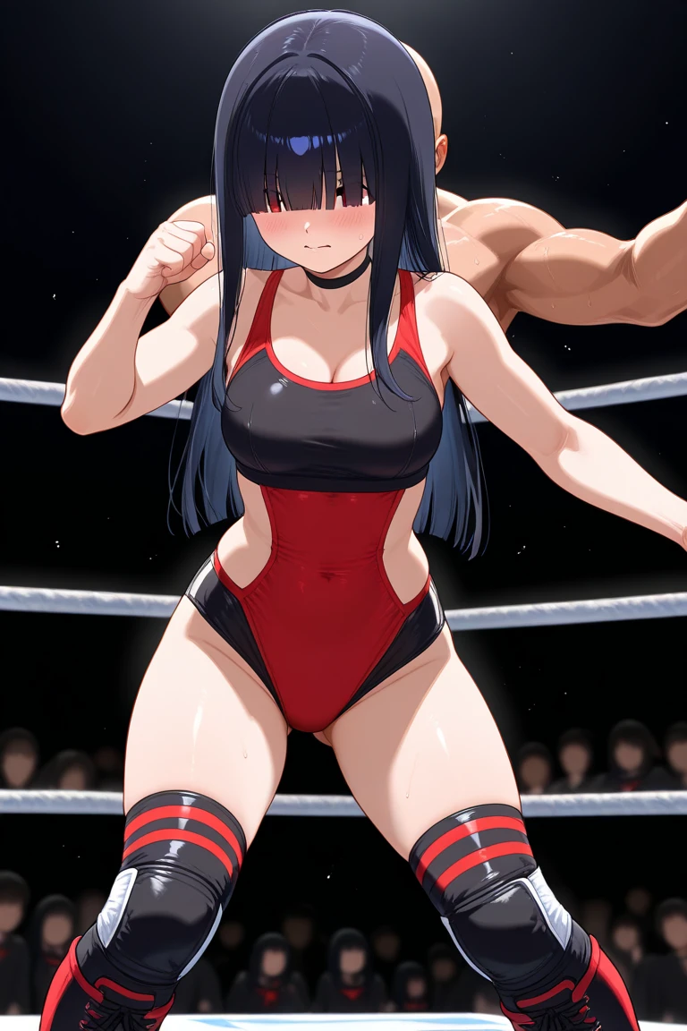 masutepiece, Best Quality, Game CG, 1girl in, Solo, Looking at Viewer, , depth of fields, , Realistic,,Stand in the ring of professional wrestling,White and pink one-piece swimsuit,Idol,Black hair straight long hair,14years