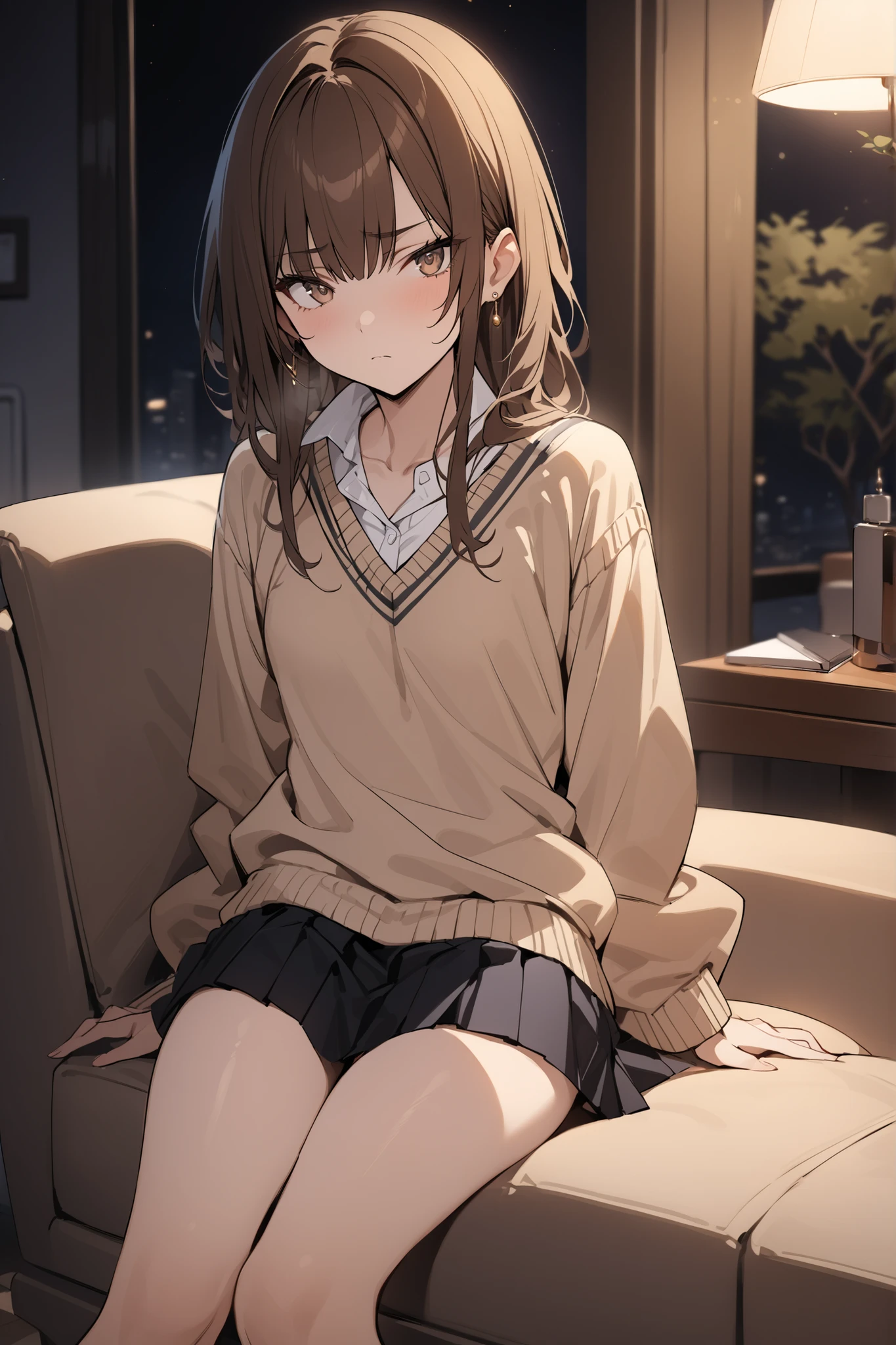 masterpiece, Highest quality, High resolution, One girl, alone, short hair, Brown Hair, Brown eyes, Bedroom、((pantyhose))、(Japanese school uniform)、(Knitted outerwear)、(Black Panties)