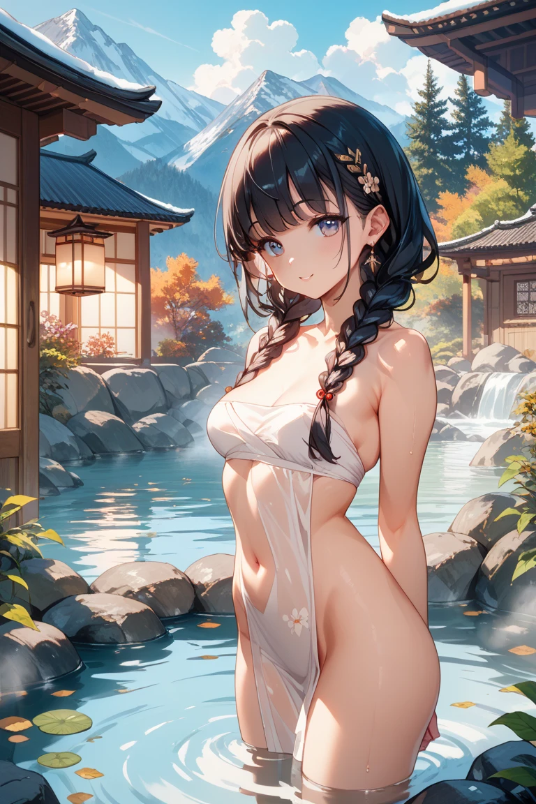 masterpiece、high-level image quality、photographrealistic、a beauty girl、Japanese garden、Shiny hair、Longhaire、huge tit、Upper body shots、The wind is blowing naked tits out