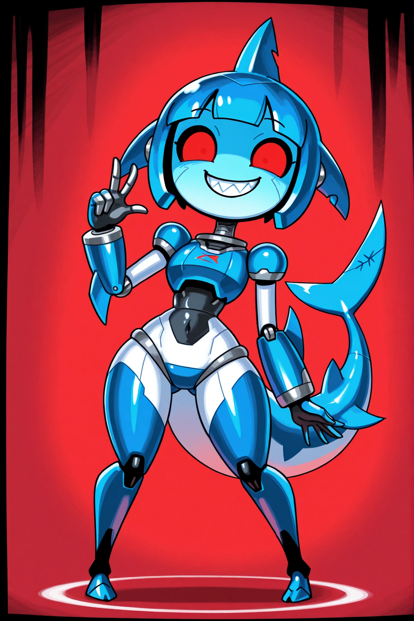 2d, Minus8, robot girl, shark girl, machine, posing, mechanical, shark full body, big tail, mechanical body, fins, humanoid, beautiful, female, cute, vibrant, blue metal, cyan metal, metallic, horny, lewd, red eyes, front face, grin, very-wide fov, teeth, yandere, dark bright red background.