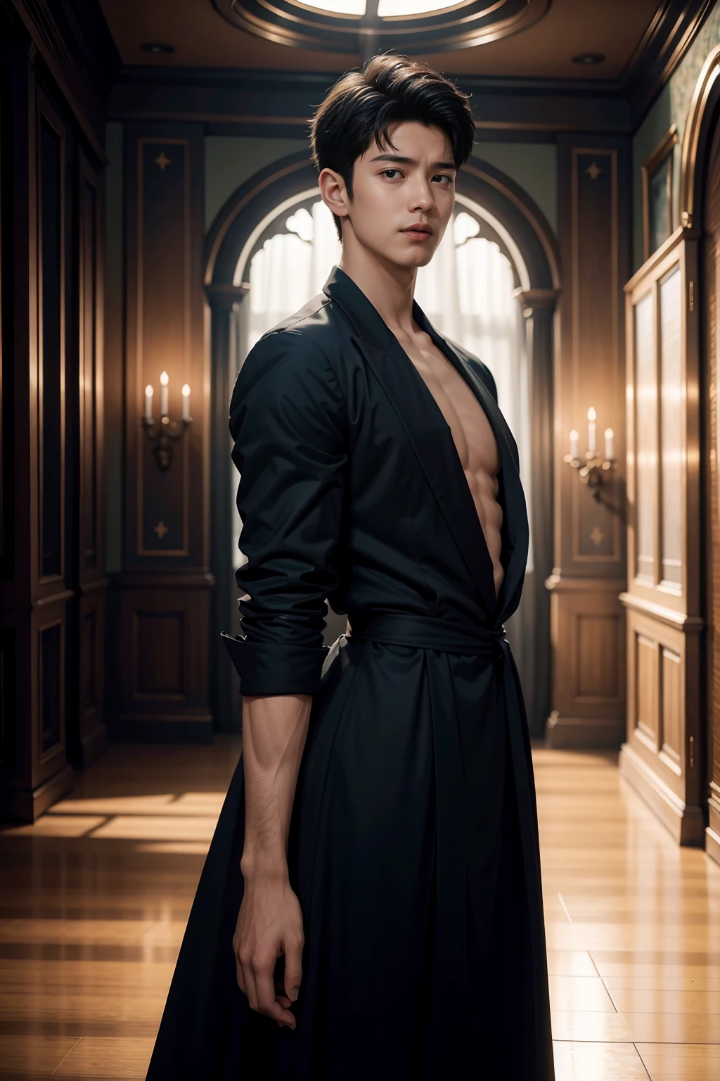top-quality、​masterpiece、超A high resolution、(realisitic:1.4)、Detailed face、solo、１human male、The upper part of the body、Dark hair、glistning skin、dense skin、(asian human)、architectural、(absurderes、hight resolution、ultra-detailliert)、、1 male、Adults、(a 25-year-old man)、a handsome、tall muscular man、broad shoulder、extra very short hair、angular jaws、thick neck、thick eyebrow、extra very short hair、A dark-haired、fine eyes and detailed face、 Highly detailed CG Unity 8K wallpapers、intricate-detail、(Style Swirl Magic:0.7)、looking at the spectator、solo、(full body Esbian:0.6)、Detailed background、A detailed face、dynamicposes、、dynamic compositions、 big muscle、、((((bulge))))、a handsome、 ((masutepiece:1.4, Best Quality)), ((masutepiece, Best Quality)), (photographrealistic:1.4)、(((Sorcerer)))、grin, Surfing,、a smirk、Sunny and cloudy sky、(Complex blue long sleeve enchantment costume), scarf, the costume is too much revealing the tskin and thighs, fantasy Library Background:1.2), Photorealistic、cana、magic circles , bare thighs