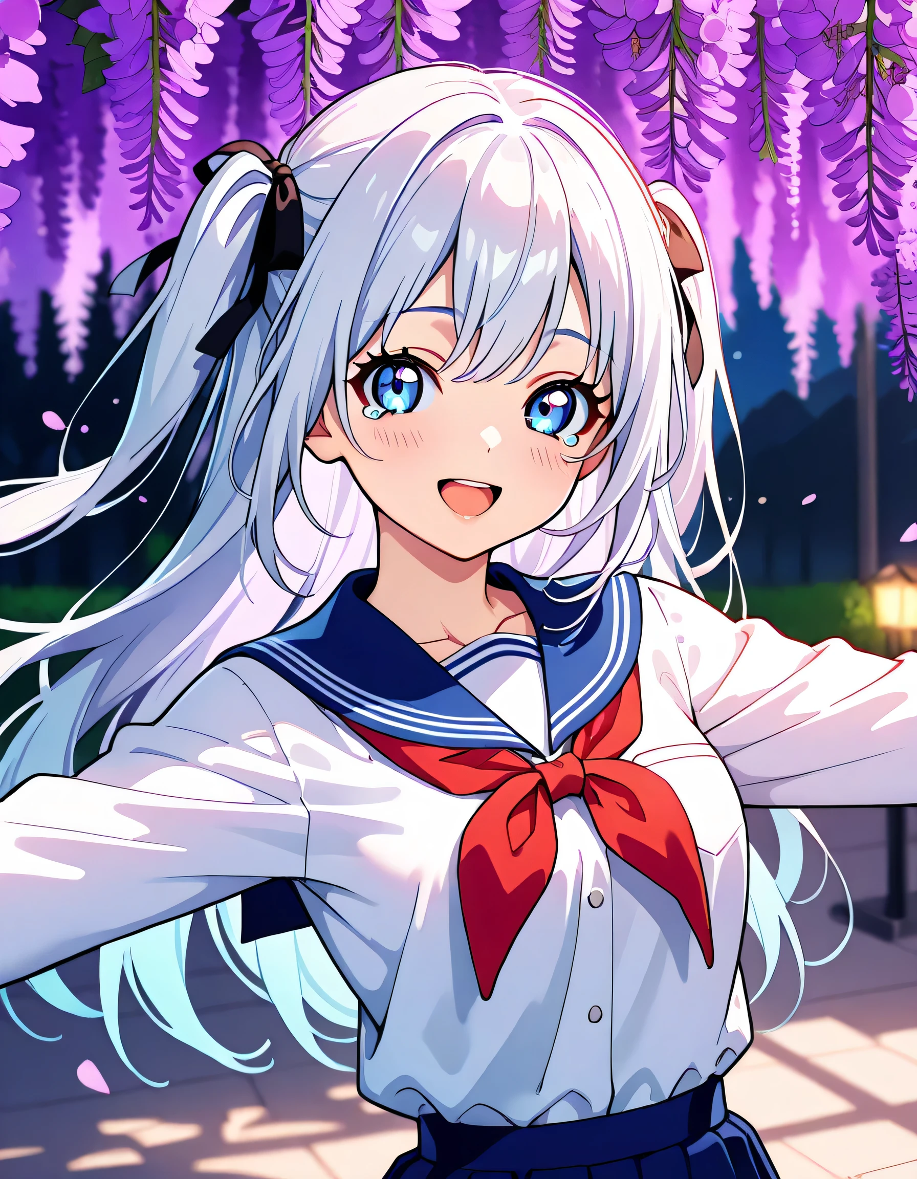 (score_9, score_8_up, score_7_up), source_Anime, absurd_res, white, blue, black, 1girls, solo, upper body, super fine illustration, an extremely delicate and beautiful, best quality, masterpiece, 8K, spring setting, celia-default, celia claire, blue eyes:1.2, sparkle eyes, long silver hair, two side up, hair ribbon with red, fluttering hair, ample breasts, school uniform, sailor suit, traditional Japanese style with navy blue and white colors, cry with joy:1.4, eyes are moist with tears:1.2, happy:1.4, joyful:1.4, laughing:1.3, blush:1.3, looking viewer, spread arms, along the wisteria blossom:1.4, wisteria blossom petals dancing:1.3, from front, dynamic pose, contrapposto pose, soft fabric movement, warm and bright atmosphere, soft lighting, delicate color palette, detailed clothing folds, flowing hair, lively spring vibe, highly detailed rendering, breathtaking composition,