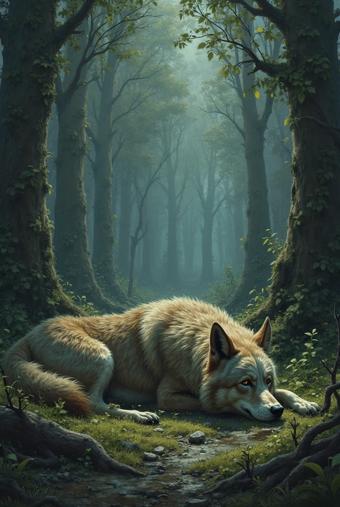 a lush dark forest,dry cracked ground,withered trees,dried up foliage,(best quality,4k,8k,highres,masterpiece:1.2),ultra-detailed,(realistic,photorealistic,photo-realistic:1.37),HDR,physically-based rendering,extreme detail description,vivid colors,dramatic lighting,weak and desperate animals,wildlife in distress