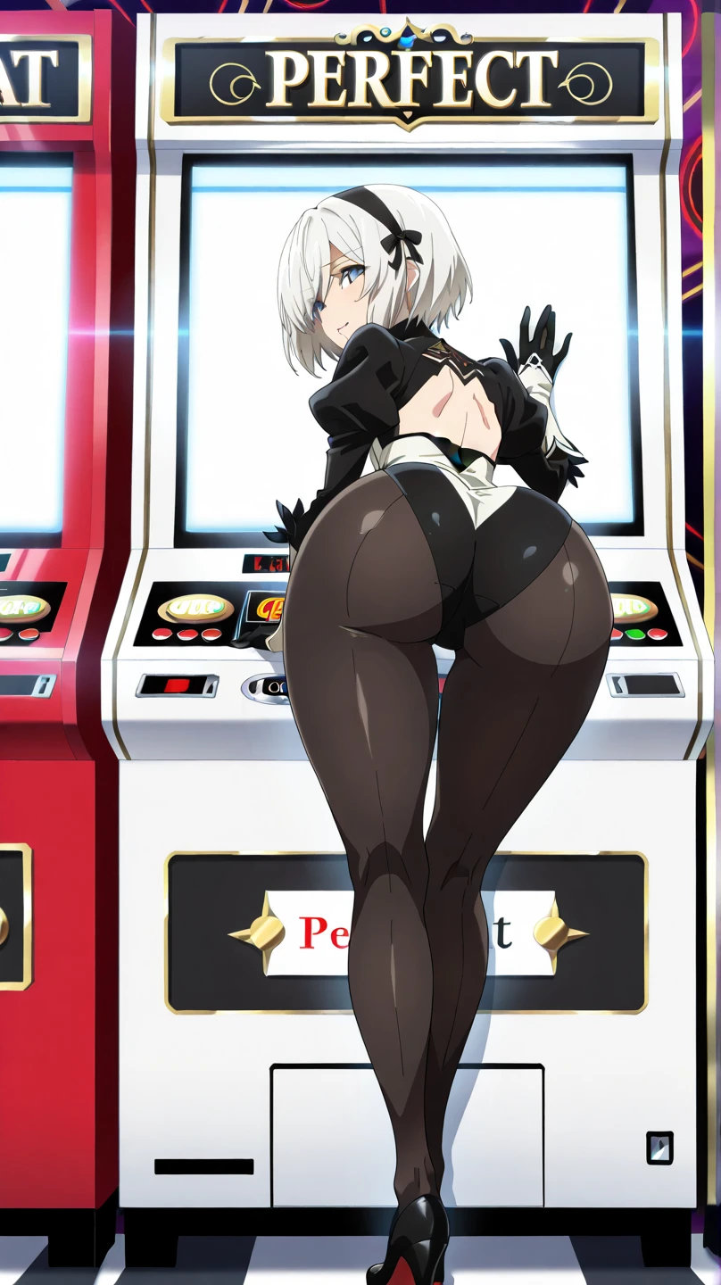 ((1girl)),((alone)), Sanae Yamada,(masterpiece), (best quality), (ultra detailed), (best illustration), (best shadow), (absurdities), sharp focus, cowboy shot ,atmospheric perspective, depth of field, dynamic posture looking at the viewer, large breasts, narrow waist, wide hips, wide thighs, round butt, erotic, romantic, (very detailed eyes, lips 1.1), very detailed eyes, eyes, very face detailed, Very beautiful face, Symmetrical face, Aesthetic face, perfect face, perfect eyes, detailed eyelashes: 1.5), full height, beautiful slim figure, femininity, expressive appearance, elastic big breasts, sexuality, 35 years old, short hair, black hair , brown eyes, detailed eyes, beautiful face, (rabbit ears: 1.2), black playboy bunny, wristbands, choker, bare shoulders, jewelry, cleavage, earrings, black pantyhose, parted lips ,curves, defined body,Perfect and beautiful body, perfect and beautiful, closed mouth, neutral expression, serious face, blushing, (sexy pose: 1.2), ((solo)), standing: 1.3,(( casino, holding tray ,poker table, embarrassed,window, cityscape, city lights, night)),looking forward,((focus on breasts), point of view:(from above), perfect anatomy, perfect hands