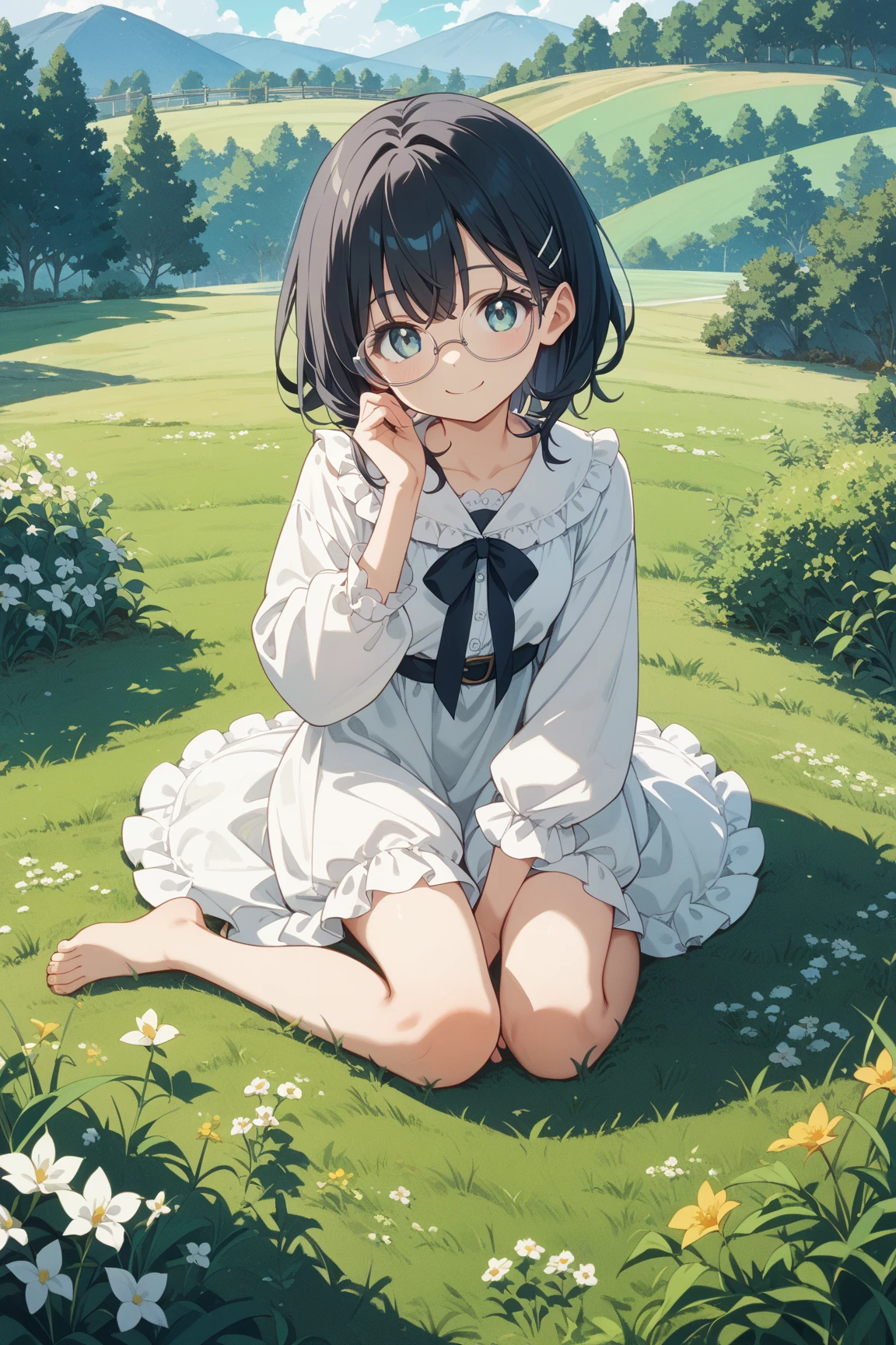 1girl, bangs, bob cut,black hair, short hair, sundress, sunlight,full body, sweat,looking at viewer, white dress, hand on own chest,tan, grass, glasses, revealing panties
