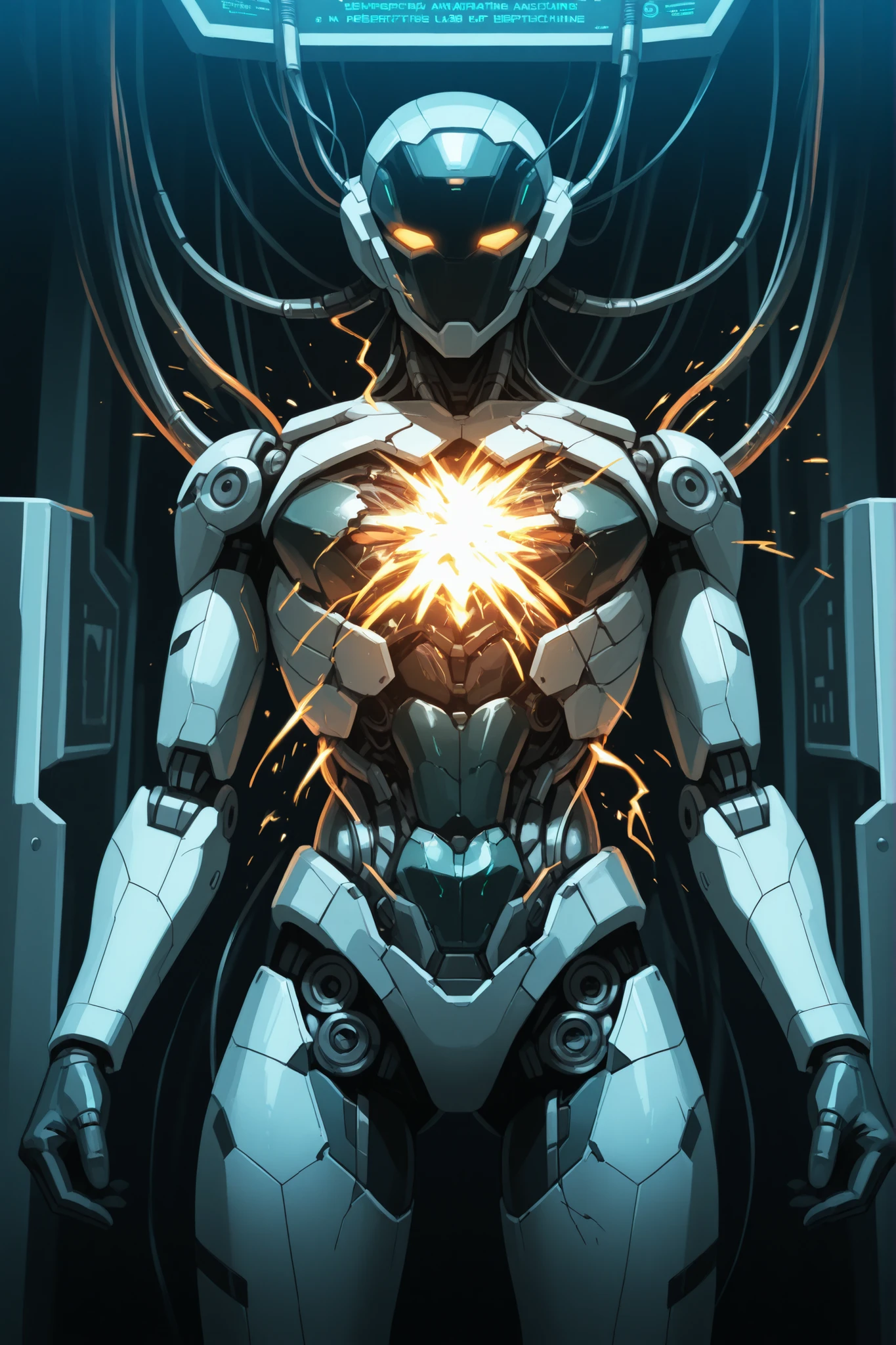 Dark scifi, Damaged Android, in a robotic lab, android anchor on a repair machine, cracked chest, field of depths, electricity, sparks, amazing details, best effects