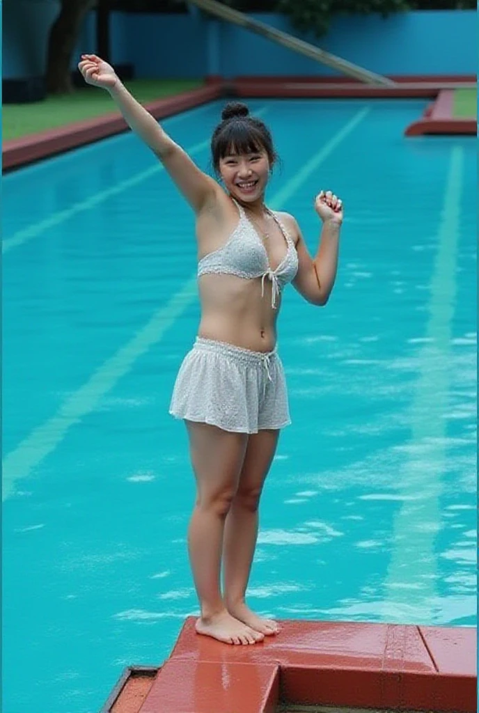 8k, cowboy shot:1.2, masterpiece, (nipples, topless:1.4), :1.3, bloom, cute girl:1.1, japanese, detailed face, (viewer, crowd:1.3), (small breasts:1.2), detailed face:1.8, (surf pants:1.3), full body, (swimming race venue:1.4), smile, swimming cap