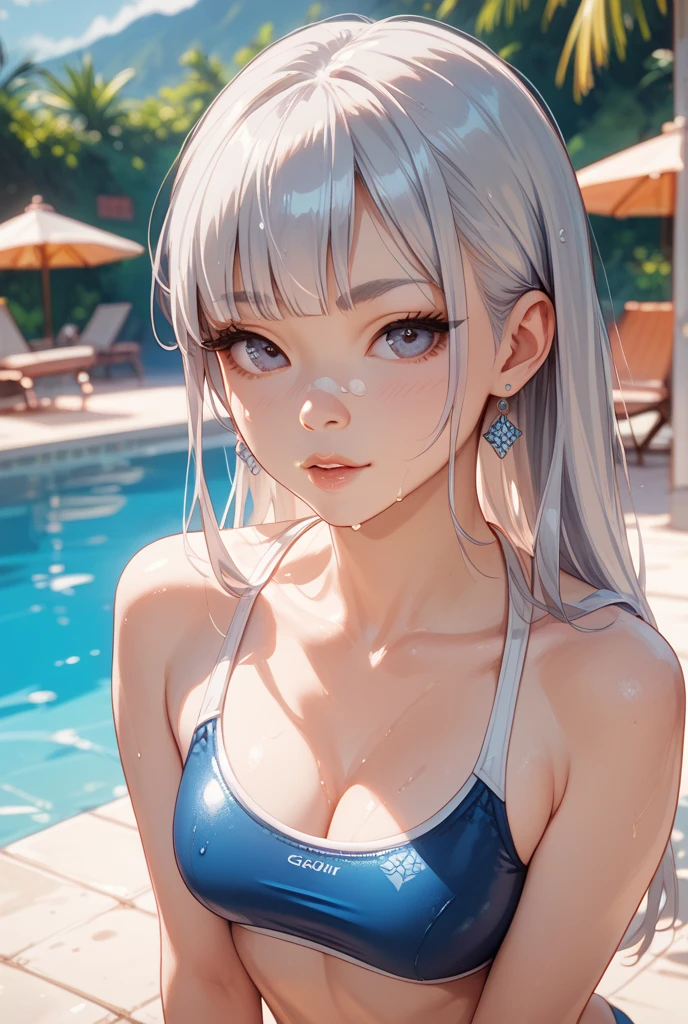 Beautiful Boy and Beautiful Girl　Shyness　Light clothing　See-through　Best Style　White liquid all over the body　Looking up　Swimwear　Tank top