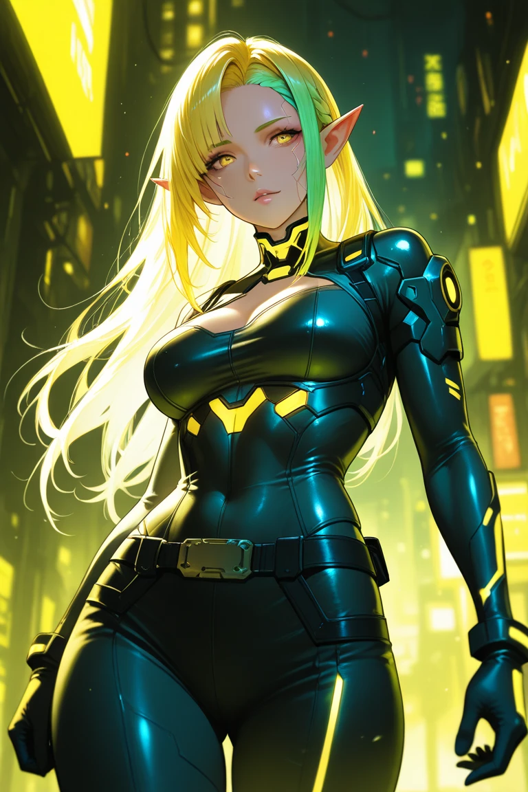 ((Best quality)), ((masterpiece)), (detailed: 1.4), (Absurd), Tank pilot woman ready for war, shiny skin, perfect body, defined muscles, half-thick bare thighs, closed mouth, only in panties, (((include stars throughout the outfit))), muscular body covered by yellow tech star outfit, Neon Genesis Evangelion style and masamune shirow girls, cyberpunk, generous neckline, ((perfect large breasts)),  (well-outlined green eyes without pupils), ((long and very black eyelashes)), (((dark yellow clothing))), (misaligned green and white hair), (((rot rod flames covering the breasts))), (Cosmic tattoo on the arms), short underwear, garter belt, by mucha, niji --V5, close to the real, psychopath, crazy face, sexy pose, 2 piece clothes, pastel, centered, scale to fit the dimensions,  HDR (High Dynamic Range),Ray Tracing,NVIDIA RTX,Super-Resolution,Unreal 5,Subsurface Dispersion, PBR Texture, Post-processing, Anisotropic filtering, Depth of field, Maximum clarity and sharpness, Multilayer textures, Albedo and specular maps, Surface shading, Accurate simulation of light-material interaction, Perfect proportions, Octane Render, Two-tone lighting, Wide aperture, Low ISO, White balance, Rule of thirds,  8K RAW, crysisnanosuit