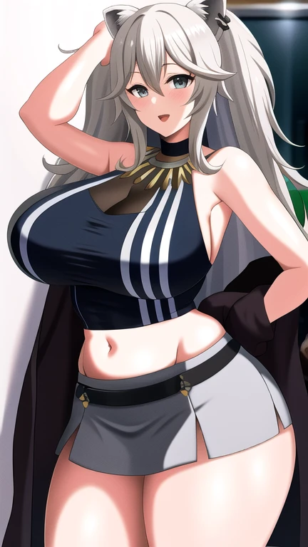 <lora:selvaria_blesV2:0.7> selvaria_bles, huge_breasts, standing, solo, denim_shorts, masterpiece, best quality, detailed face, detailed eyes, highres,