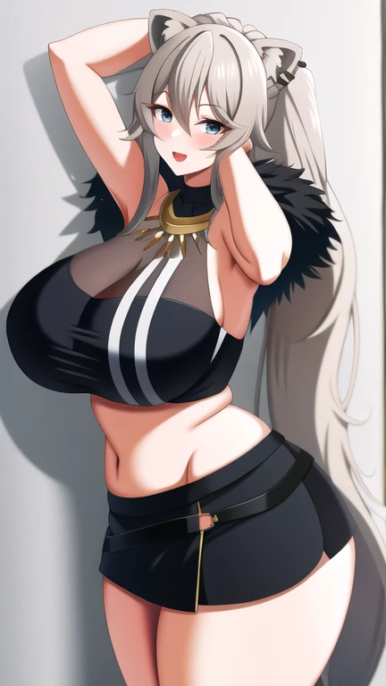 最high quality, 8k, High resolution, high quality, masterpiece, beautiful, (Anatomically correct:1.2), Long white hair, Wolf Year, Wolf's tail, blue eyes, Fishnet tights that reach up to the thighs, Black combat boots, Wearing an open jacket lined with fur, nude, alone tomboy, Only one woman ((Big Breasts)) alone, alone, (alone)(alone) Thick thighs, Wide Hips, blue eyes, Perfect Eyes, Perfect Face, Fuller lips, Happy, White shirt, abdomen, black cut off shorts, Face in perfect detail,