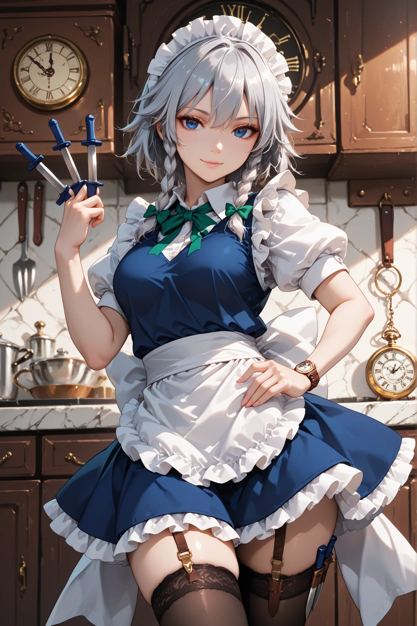 izayoi sakuya, 1girl, ribbon, bow, watch, green bow, pocket watch, hair bow, clock, knife, between fingers, waist apron, short hair, frills, short sleeves, puffy short sleeves, maid headdress, holding, apron, holding knife, frilled apron, green ribbon, thighhighs, braid, grey hair, twin braids, maid, puffy sleeves, blue eyes, dress, blue dress, maid apron, in the kitchen, looking at the viewer, piercing gaze, very attractive, beautiful, sexy pose, sensual smile, best quality , masterpiece , ultra detailed , very aesthetic