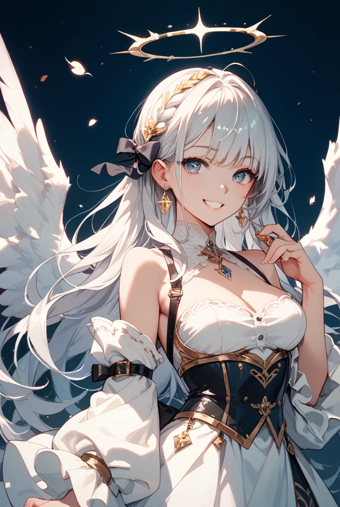 beautiful illustrations, highest quality, pretty girl,beautiful girl、clear face、 half girl、pastel colour 、blush、perfect hands、five fingers、fantasy、fantasy、thighs、(perfect face:1.1), (high detail:1.1)、smile、Angel、white feathers、white wings