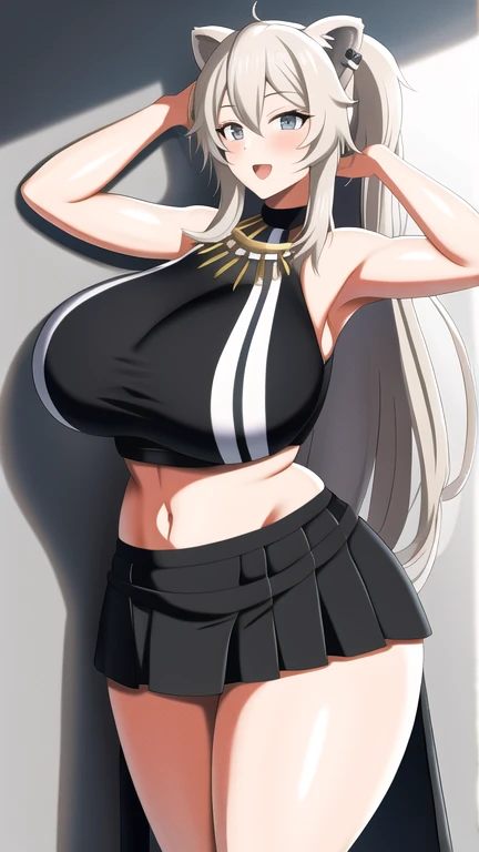 (best quality:1.0), HDR, highres, beautiful, 1boy, 1girl, ((gigantic breasts, , cleavage, curvy breasts:1.2)), overflowing breasts, best quality, beautiful detailed eyes, ultra-detailed, (masterpiece:1.0), symmetrical eyes, symmetrical face, perfect skin, (absurdres:1.2), mature female, steaming body, sweaty body,  shiny skin, soft lighting, narrow waist, sweat, wet body, thick thighs, hourglass figure, bursting breasts, photography, 8k, film grain blurry background, Bright_Front_face_Lighting, official art, extremely detailed CG unity 8k wallpaper, perfect lighting, Kodak portra 400, , thick thighs, pink lips, beautiful lips, 1girl, (vibrant_color:1.2), toned female, long hair, ((white hair:1.5)), blue eyes, ((red flower hair ornament, blunt bangs, skirt:1.4)),  <lora:PandoraLoC:0.8>, pandoraloc, midriff, black short sleeved shirt, ((sweat:1.2)),