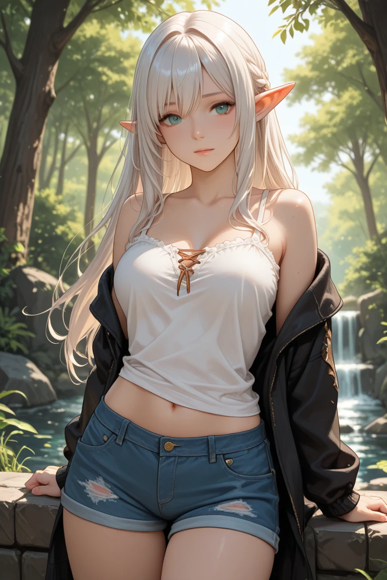 Girl Doll,Solitary,rest,((Top view)),(The zipper is not closed),Blonde,elegant,Pointed ears,whole body,Chinese element pattern,thigh,(((漏出thigh))),full,Transparent openwork,Deep V,(triangle denim shorts),stocking,leggings,(Brushstrokes,Impressionism,painting,Rich scenery),Disheveled,Chest contour,(((Wet clothing))),(((Ultra-thin clothing))),((Flesh outline)),Grinning