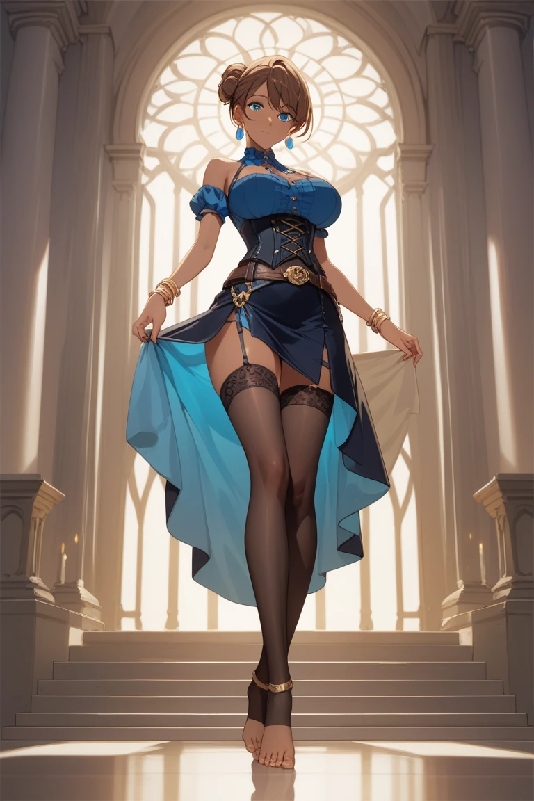 Noble Mansion,(gray hair:2.0),Slender high ponytail,gold headband,Standing close-up,dream world,Mature lady,(Slender blue phoenix eyes,lipstick,long eyelashes),long eyelashes,Contact lenses,gemstone gold necklace,(Off-shoulder blue fur dress,fur tube top,fur strapless,wide cuffs,Long skirt,belt:2.0),fur tube top(big breast)ballroom background,(soft light and shadow:1.9),fur high heels,plush high heels,Detailedly drawn backgrounds