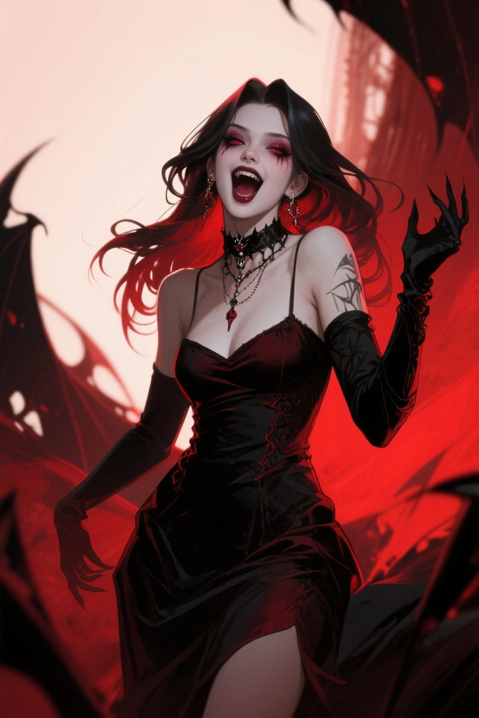 Masterpiece, highest quality, 8K HD, 1 vampire girl, Scary atmosphere, Gothic, open mouth, vampire teeth, revealing long fangs, blood red lips, bleeding mouth, greedy licking tongue, (Night :1.8), long Burgundy hair, weird expression, elf ears, black lace dress, sexy, vampire, (Graveyard :0.8), (Exquisite European-style iron gate :1.4), full of thorns and roses, under the red moon, crown, bat, blood