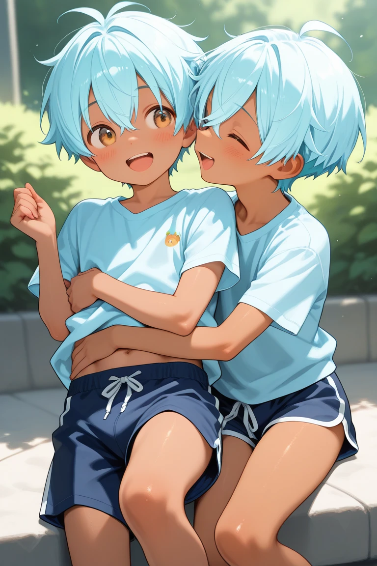 (2 boys:2), (kiss:1.6), (hug each other:1.5), (turn to side), (boldline:-1.6), (best quality:1.5), (absolutely resolution:1.5), (ultra detailed:1.5), (masterpiece:1.5), (perfect face:1.5), (detailed face:1.5), (detailed eyes:1.5), (cute face), BREAK (shota:1.65), (baggy white tank top:1.5), (straw hat:1.5), (white loincloth:1.5), (bulge:1.5), BREAK (see through wet clothes), (skinny:1.3), (spiked hair), BREAK (light blue hair:1.4), (smiling:1.5), BREAK (one boy close his eyes:1.8), (the other boy wine red eyes:1.5), (eyes with high light), ((mole under eye)), sweaty skin, ((earrings)), (shiny skin:1.4), BREAK (flower garden), (white flower:1.3), ((wind blowing))), cowboy shot,