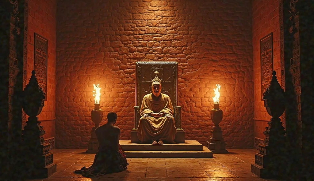 In a dark room, a 50-year-old man wearing a red cloth is sitting on the floor performing yajna at the yajna altar. Only the back of the man is visible. The dark room is dimly illuminated by the light of the sacrificial fire. On the wall in front of the manor is a terracotta Hindu goddess, seated on Padmasana.