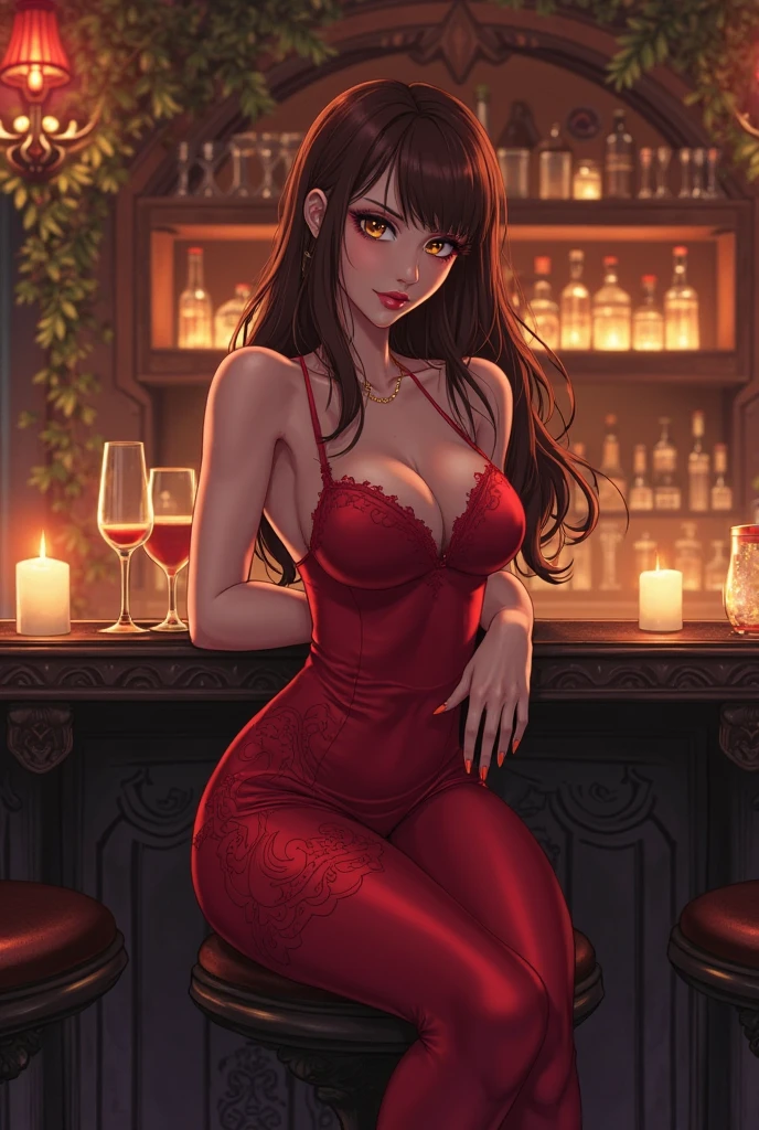 8k Digital Drawing of a brunette woman, athletic body, low-cut dress marking the curves of the body, holding a glass of wine, inside a large hall