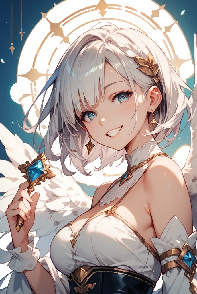 masterpiece, Highest quality, Super detailed, High resolution, (realism:1.1), photorealism, Portraiture, Amazingly beautiful one girl, (cute:1.1), whole body, Beautiful woman face, Kind older sister, sweater, Normal chest, Circle of angels overhead, Angel wings on your back, smile, White Hair, Long Hair, blushing, Volumetric lighting, Contrast, Depth of written boundary, Sharp focus, Absurd, Unreal Engine