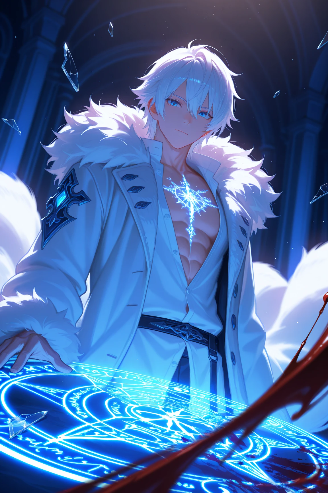Anime, young guy, demon, holds fireball in his hands near his chest
