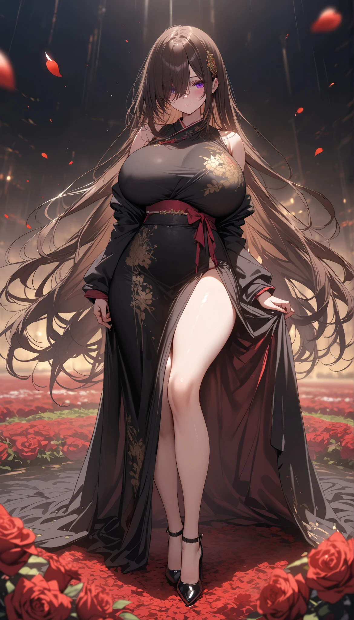 (best quality, ultra-detailed, realistic:1.37),portrait,voluptuous woman,flower,tight dress, Random dress color, passionate look,large buttocks,vibrant colors,soft lighting, standing, full body view, extreme tall, long legs, very tall, tall,
