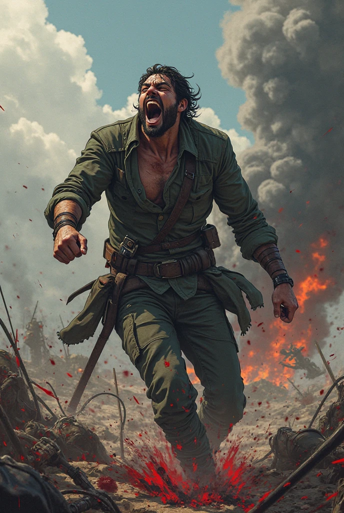 A middle-aged man with golden short hair, an upright hairstyle, thick eyebrows, an angry gaze, an excited expression, open mouth roaring, a robust figure, a sturdy stance, body inclined forward, hands tightly clenched into fists, ready for battle, tattered fantasy-style clothes made of worn-out fabric, coarse fabric trousers, canvas shoes, entire body emits a blood-red fighting spirit energy, powerful energy gathers in his hands, the background depicts a battlefield on a wilderness, this character embodies a finely crafted fantasy-style berserker in anime style, exquisite and mature manga art style, high definition, best quality, highres, ultra-detailed, ultra-fine painting, extremely delicate, professional, anatomically correct, symmetrical face, extremely detailed eyes and face, high quality eyes, creativity, RAW photo, UHD, 8k, Natural light, cinematic lighting, masterpiece-anatomy-perfect, masterpiece:1.5