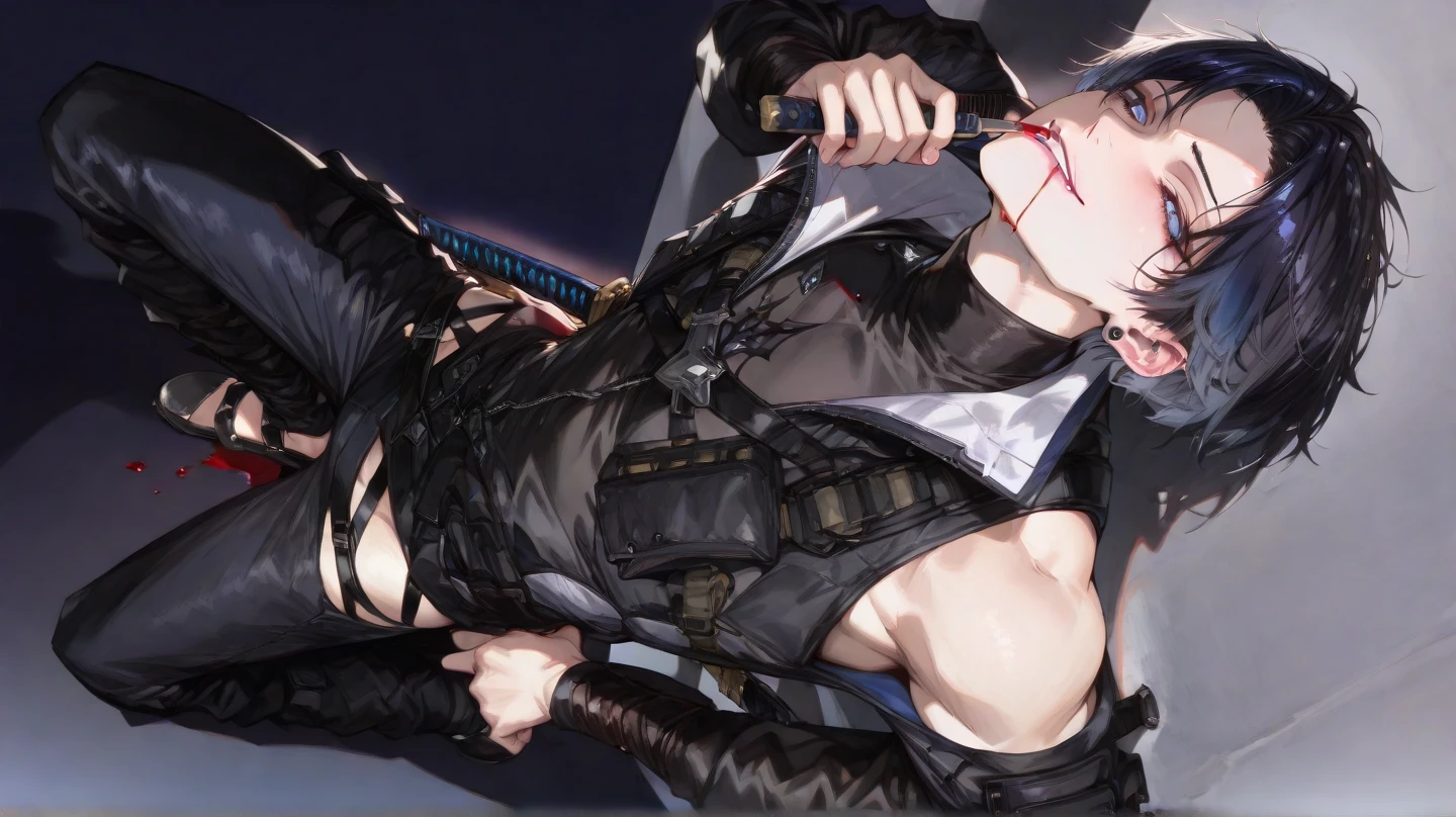 boy BL boysLove cool face close-up licking lips excitement blush male adult hands tied above face cumshot collar