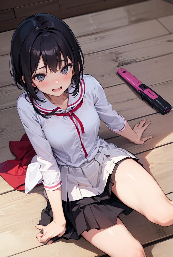 Masterpiece, top quality, lens flare, depth of field, (close-up: 1.3), (wide shot, fisheye: 0.85), face focus, 1 girl, covering with blood, blood, detailed face splattered with blood, detailed lips with blood stains, squatting, medium bob, hairpin, torn sailor suit, red ribbon, torn pleated skirt, white panties, (holding a assault rifle, aiming: 1.2),AK-47, carbine, open fire, firing, mafia office, broken desk, broken sofa, broken computer, bloody floor, dead mafia, rough office,