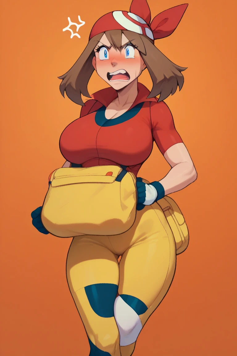 (masterpiece, best quality:1.2), jbrawl, black eyes, twintails, goggles on headwear, yellow shirt, backpack, belt, brown pants, indoors, angry, BLUSH, hands on hips, busty, gigantic breasts, wide hips