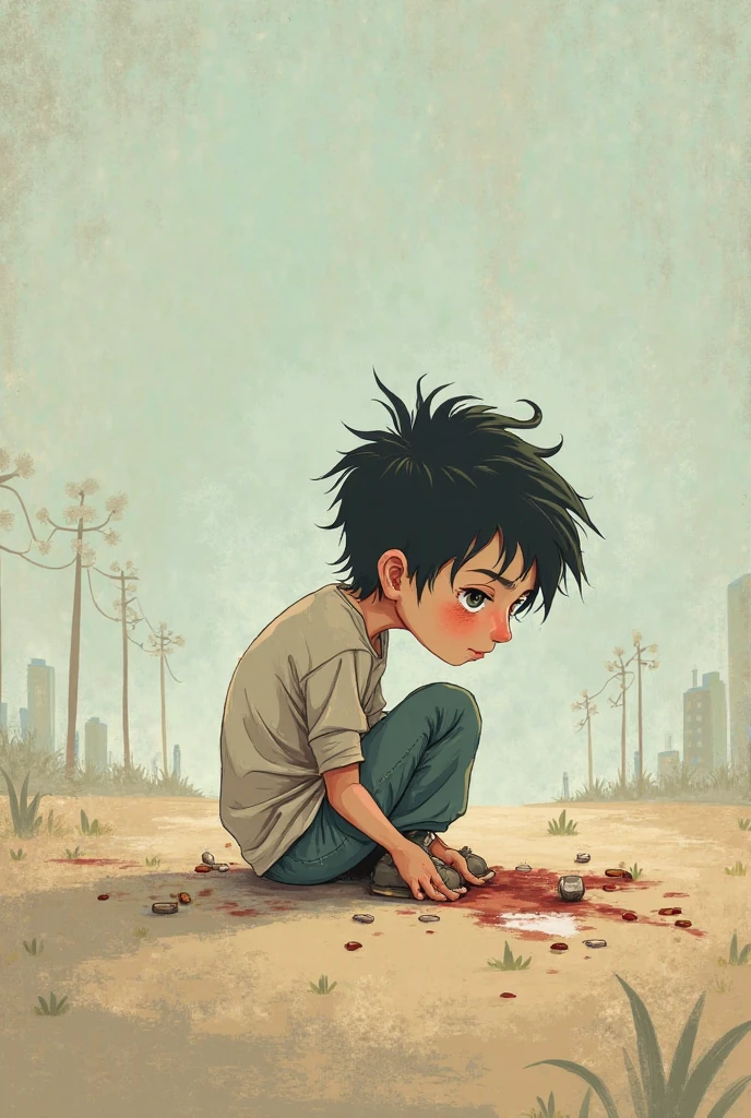 A sketch of a boy who got injured his head, bleed his nose, swollen arm and broke an arm after a bike accident in the rice field.