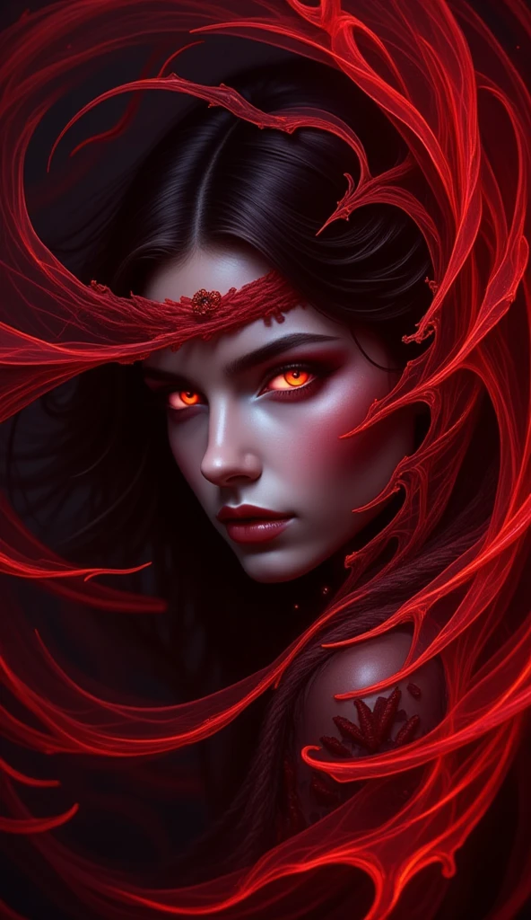 (Masterpiece artwork, top-quality, best qualityer, offcial art, beautiful and seductive aesthetics:1.2), Brazilian woman, (face covered by hair) cabelo blackw comprido (1woman:1.2), fly away, Extremely Detailed,(resumlistum:1.4, Fractal Art:1.3),(silver_hair:1.1), Destiny \( series\), blackw, More Detailed, fire, , lightning, (splash_art:1.2), jewelly:1.4, Hanfu, Scenario, blackw e prata, black snake with red eyes, black and red smoke background. Only shows one side of the face. Mulher sexy, sedutora, um lado do rosto coberto. Um colar preto com um vidro de poção como pingente. Adulta, linda, pele bronzeada, sexy, cobra subindo pelo braço, woman, corpo inteiro 