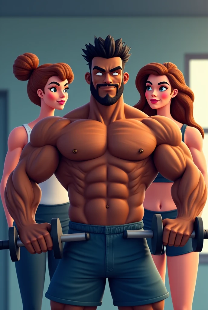 A kitchen setting where a woman with huge muscles wearing green bikini top and jeans trousers is standing to the left of the pic and to the right of her are two men, one where a shirt and the other man wearing a red sweater, muscle woman, woman with massive muscles