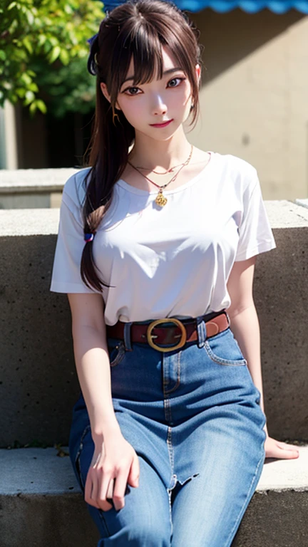 masterpiece, best quality, 4K, ultra-detailed, photorealistic, (1 girl), (full body), (A fascinating eye for perfect detail:1.2), (smile), (medium brown hair), ((white lace shirt)), (heart necklace), (medium breasts), (gold heart earrings), (denim shorts), (fishnet pantyhose), (black thigh boots), (black belt with gold buckle), (facing viewer), cityscape, (standing on the intersection), movie light