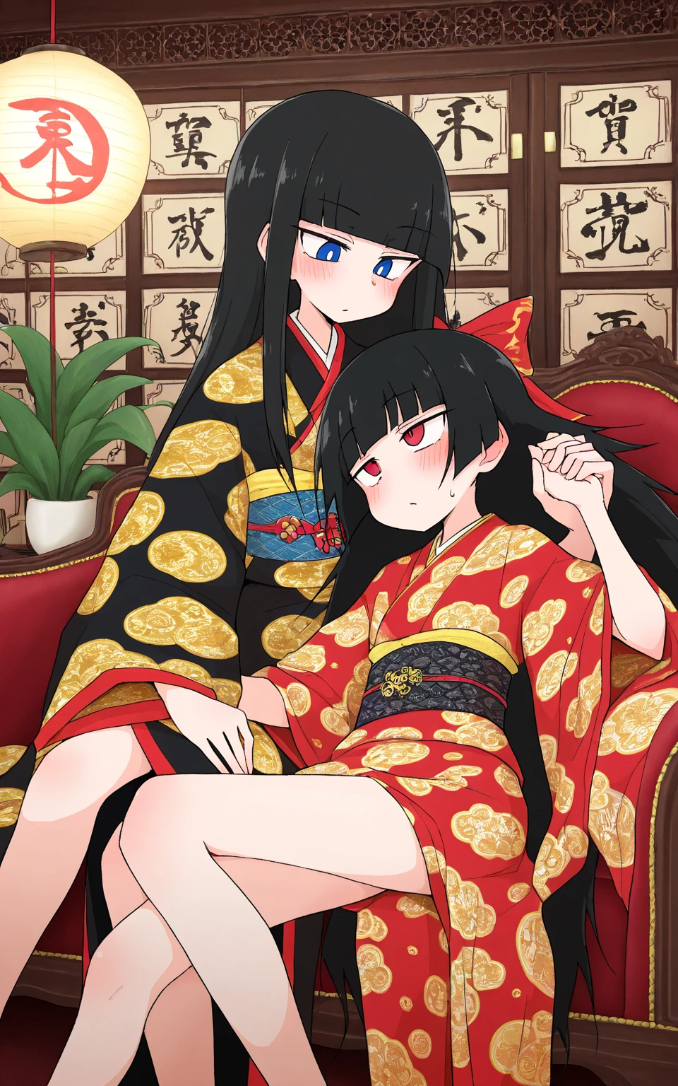 Japan period drama style A young Japanese princess with long black straight hair cut in a beautiful kimono robe giving her all in childbirth She gave birth at an old Japanese maternity hospital. She is giving birth on a shiny floral futon, her legs spread wide, exposing her thin pubic hairy genitals and gasping in agony. She gives birth accompanied by her lord.