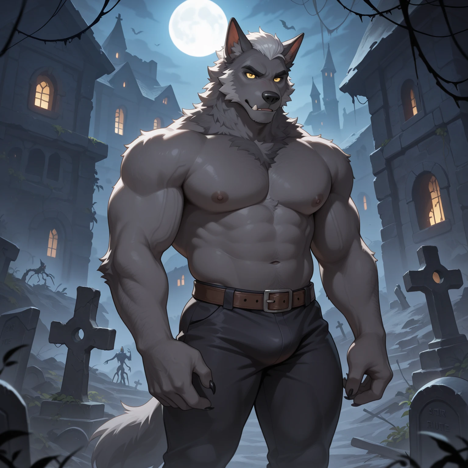 death (puss in boots), deathwolf, front view, facing camera, muscular chest, very muscular, abs, detailed fur, correct lighting, correct shadows, outdoors, by blotch, by taran fiddler, wolf tail, correct proportions, correct anatomy, correct muscles, leather pants:1.1, belt buckle:1.1, detailed belt buckle, detailed belt, red eyes, (strong shadows, dramatic shadows, dark, darkness, dim):1.2, trees, graveyard,