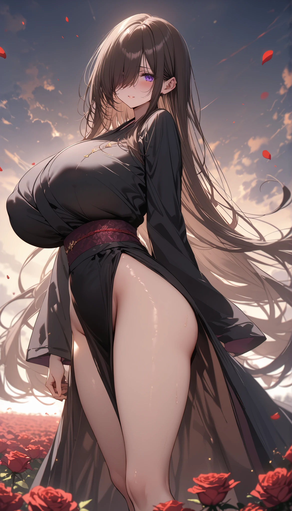 hair purple, Pale skin, Fangs, dragon horns, dragon wings, green eyes, leather shirt, big breasts, 