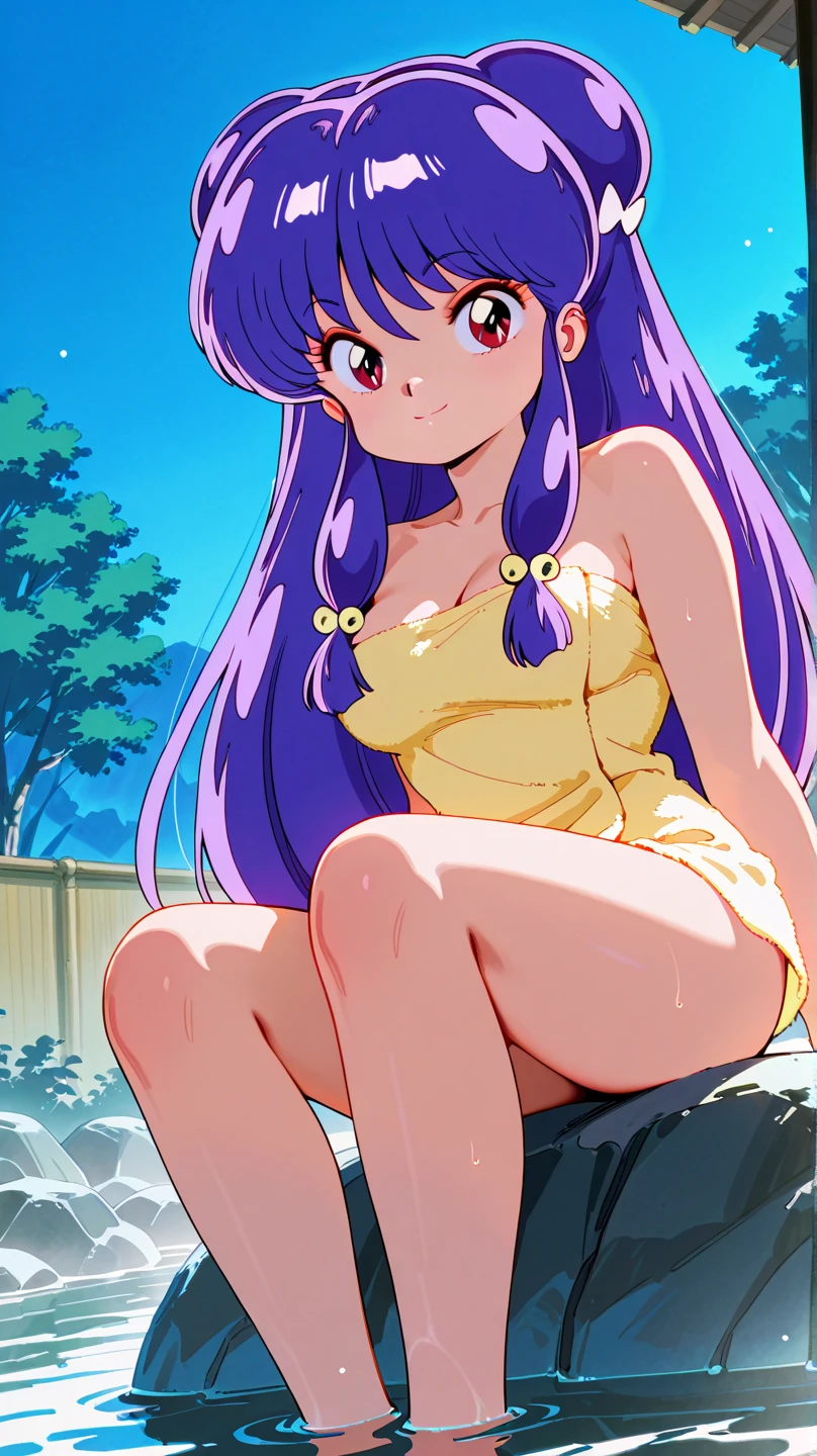 Masterpiece, high resolution, Teen titans, Starfire, anime, masterpiece, 1girl, ((bimbo))), green eyes, beautiful eyes, long red hair, thick lips, wide hips, thick thigh, big breast, huge ass, shiny skin, purple skirt, purple top, ass posing, night time, moon