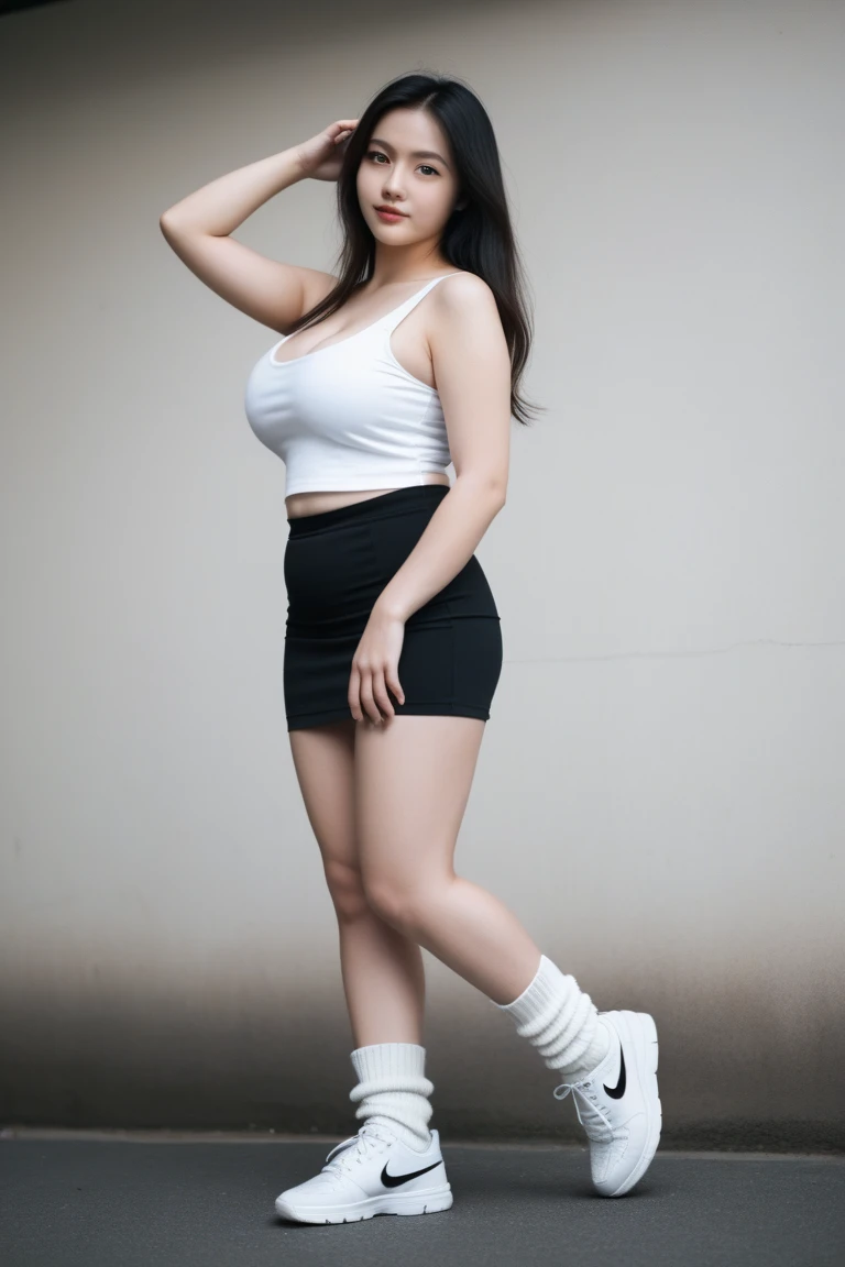 ultra high res, photo, 4k, absurdres, (incredible absurdity), ((masterpiece, best quality)), (wallpaper), (8k hd), ((full body picture)),((medium breast)), ((thick female)),girl:1.4,, photo background, skirt, 1girl, tan skin, indian girl, solo, black hair, long hair, realistic, hand on hip, photo inset, looking at viewer,