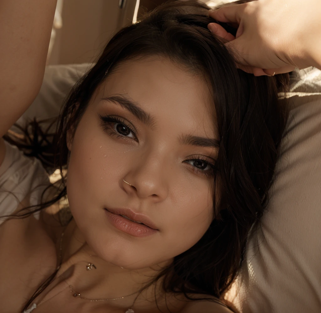 Imagine une femme de 20 ans avec de long cheveux bruns et des yeux clairs scintillants. Allongé sur un lit, en sous vêtement