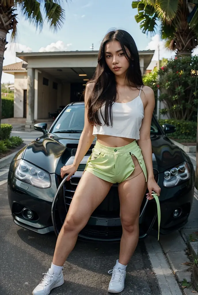 mulher brasileira nova, Fit physique, fit physique, Vestindo uma fantasia de policial sexy, Cropped Crop Top, Camisa Policial Preta e Mini Saia Preta, corpo sexy, (8k), (melhor qualidade), (master part:1.3), (Realista), (photoreallistic:1.34), ultra-detalhado, [belos olhos detalhados], (sorrir), (sorrir), (nariz bonito detalhado), [cabelos loiros muito longos], (topo curto), (Seios deslumbrantes em tamanho real), (Close-up), profundidade de campo, whole body view, Posing standing in front of a police car
