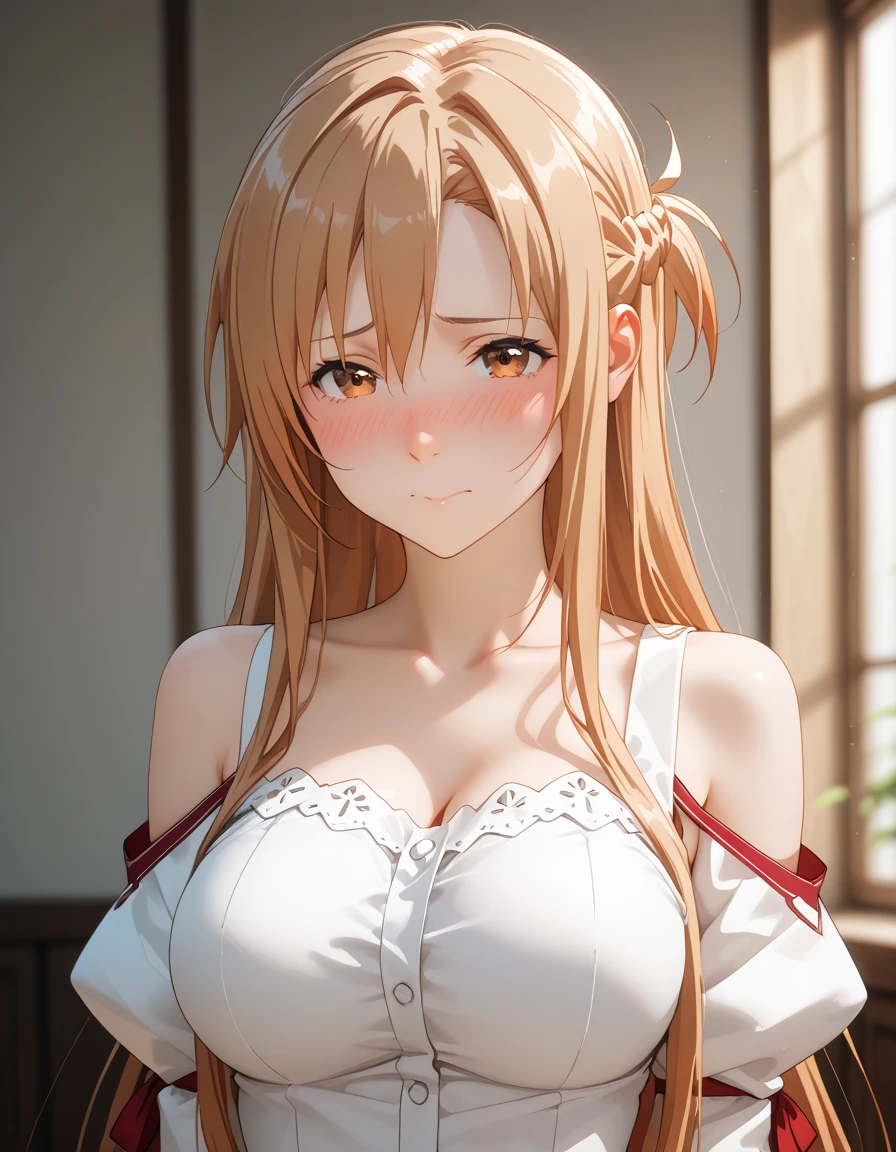 absurdos, high resolution, ultra-afiado, 8K, {obra de arte}, olhos expressivos, extremamente detalhado, melhor qualidade, rosto perfeito, 1 garota, Sozinho, Yuuki Asuna, Kizuki Ai, cabelo castanho, olhos castanhos, medium breasts, cabelo longo, Braid, Quarto, lingerie, sorriso leve, contrapposto
